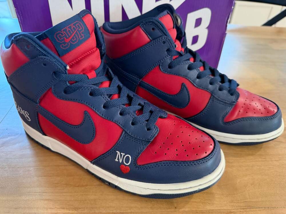 Nike SB x Supreme Dunk High By Any Means Navy Red Sneakers